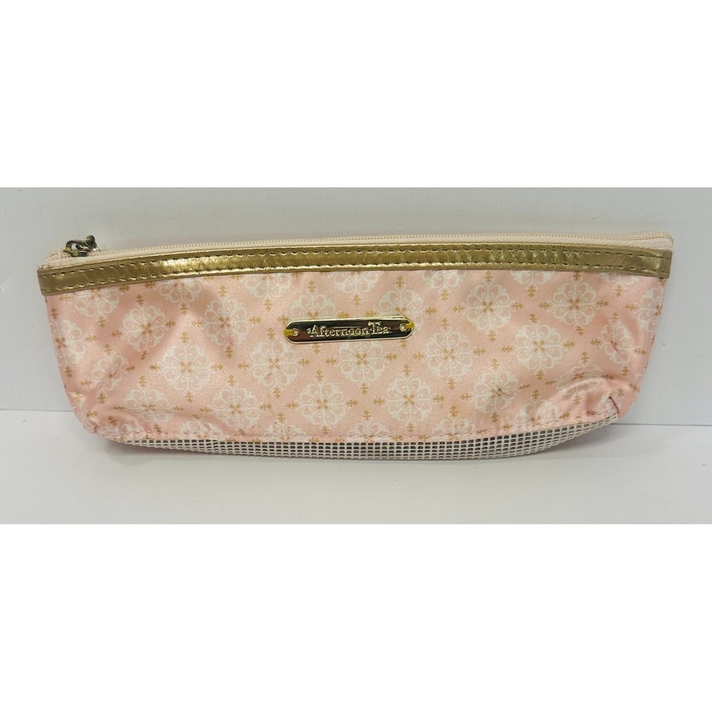 Afternoon Tea Japanese 3"x9" Pink Damask Pattern Pearl Zipper Pencil Case Pouch